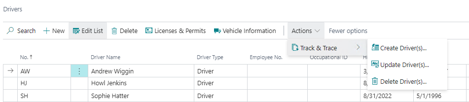 BioTrack actions for Drivers