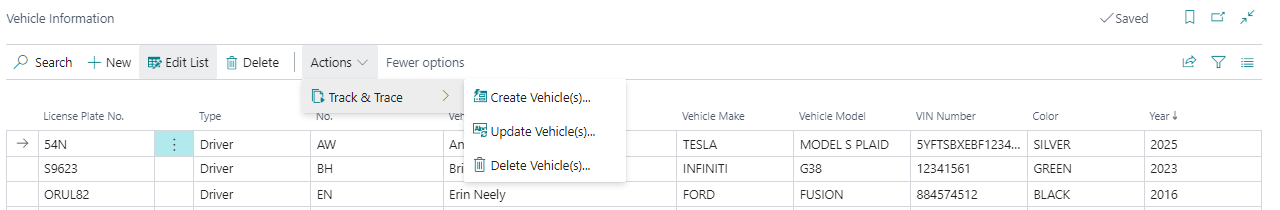 BioTrack actions for Vehicles