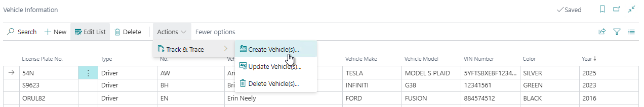 Create new vehicles in BioTrack