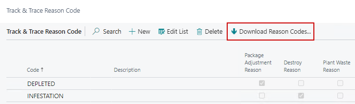 Track & Trace Reason Codes Page's Download Reason Codes function