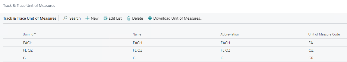 Track & Trace Unit of Measures Page